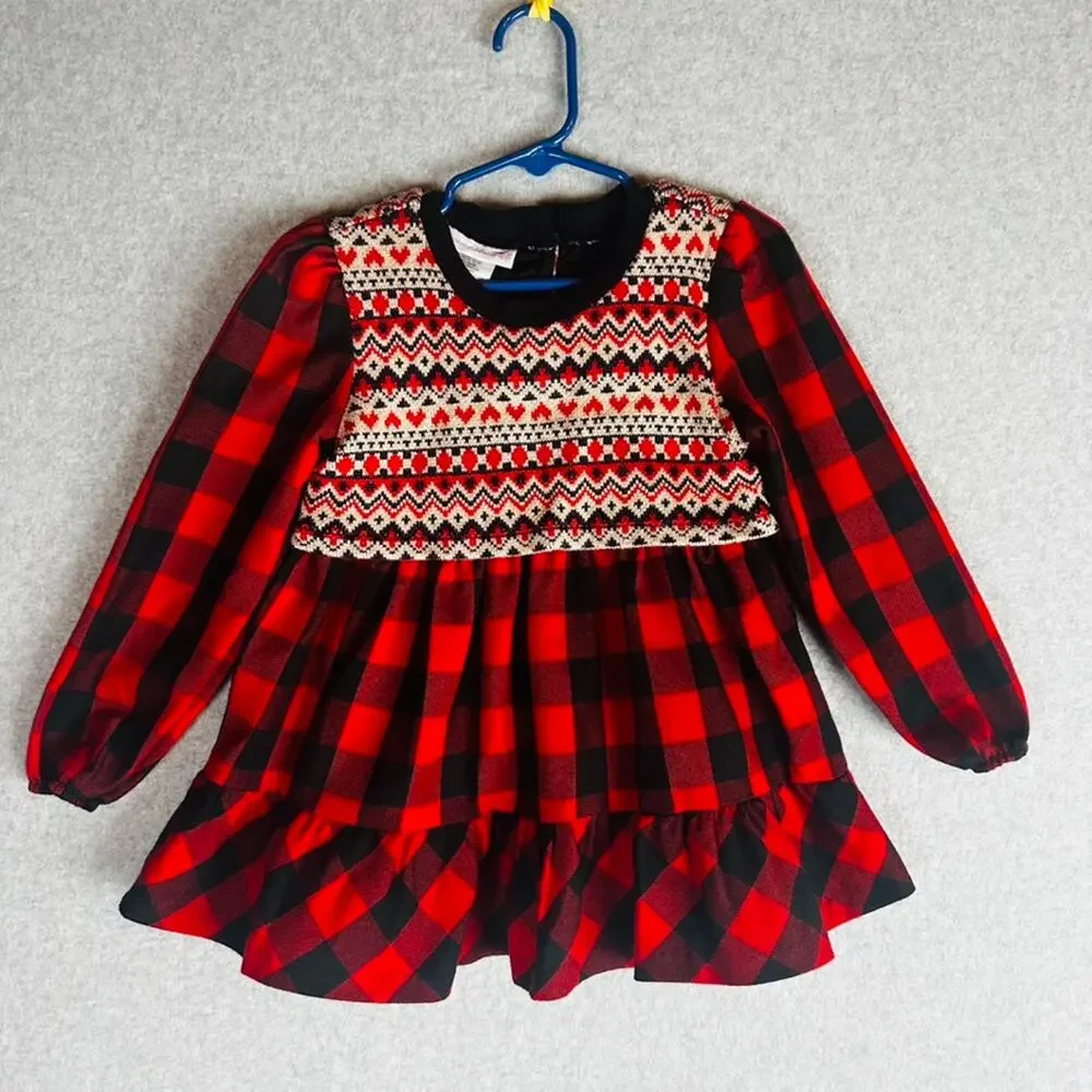 Bonnie Baby Girls Sz 4T Dress Buffalo Plaid Red Black Long‎ Sleeve Button